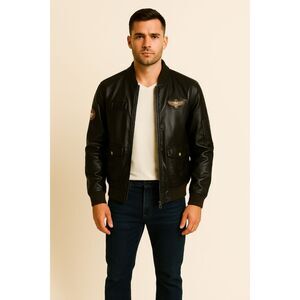 WenVen | Black Faux Leather Military Patch Bomber Jacket Size S | NWT